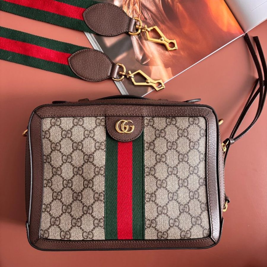 ::GUCCI:: 550622 經典Ophidia系列帆布印花綠紅綠織帶皮革飾邊拉鍊手提/斜背兩用包-0