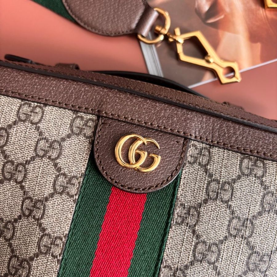 ::GUCCI:: 550622 經典Ophidia系列帆布印花綠紅綠織帶皮革飾邊拉鍊手提/斜背兩用包-4