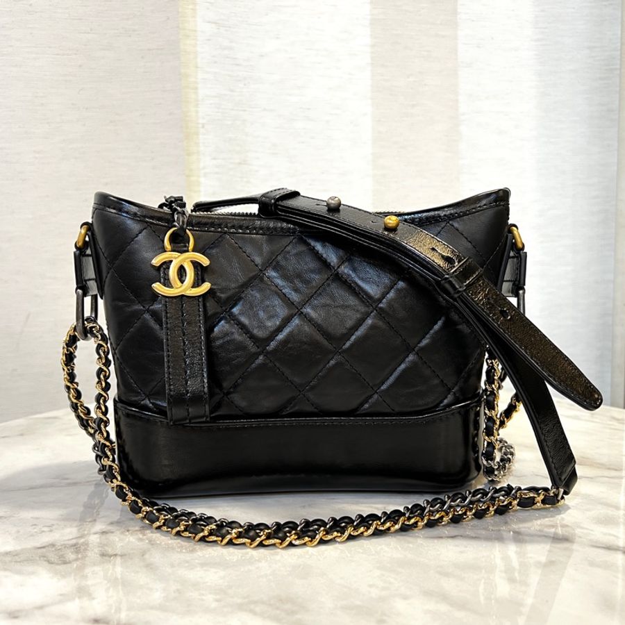 Chanel 黑牛皮菱格霧金釦四色鏈小號肩斜背包-0