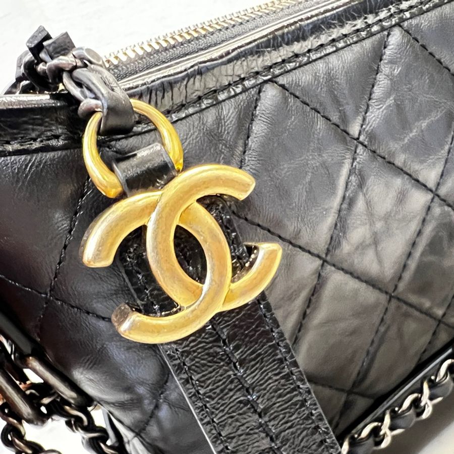 Chanel 黑牛皮菱格霧金釦四色鏈小號肩斜背包-9