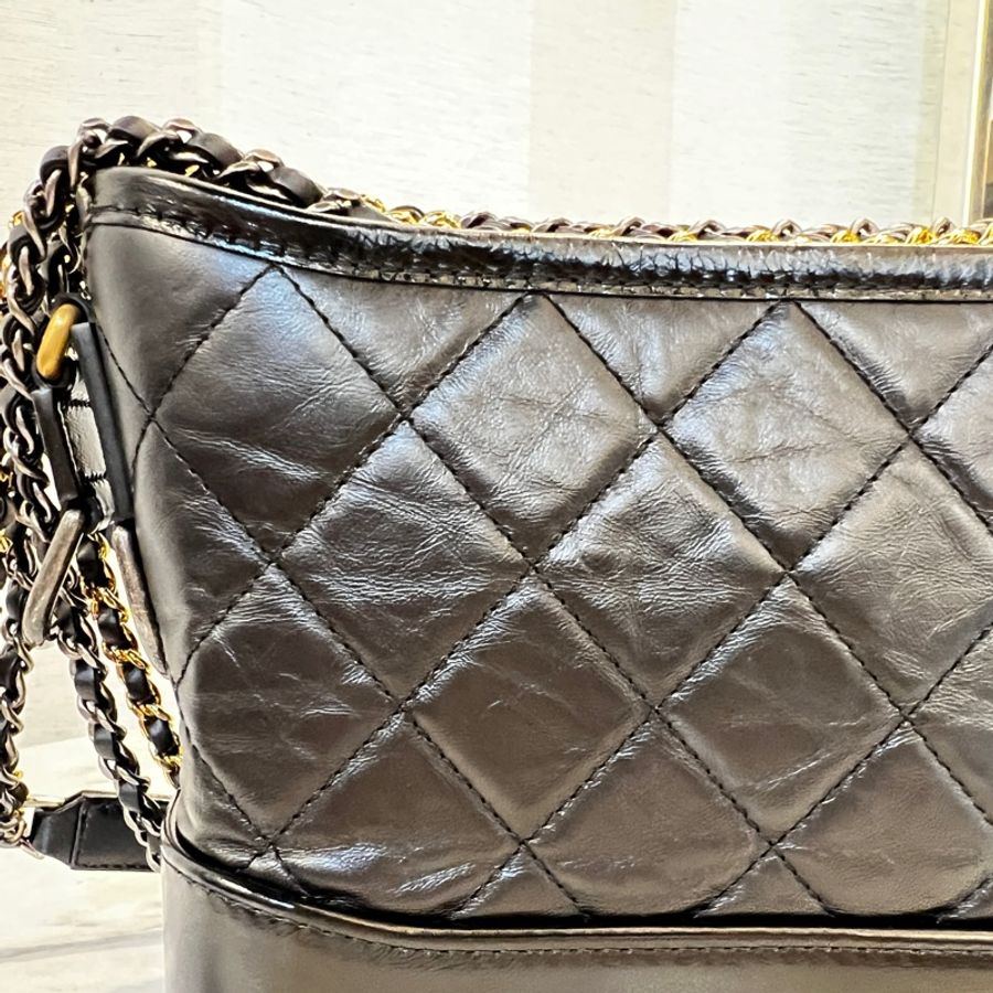 Chanel 黑牛皮菱格霧金釦四色鏈小號肩斜背包-14