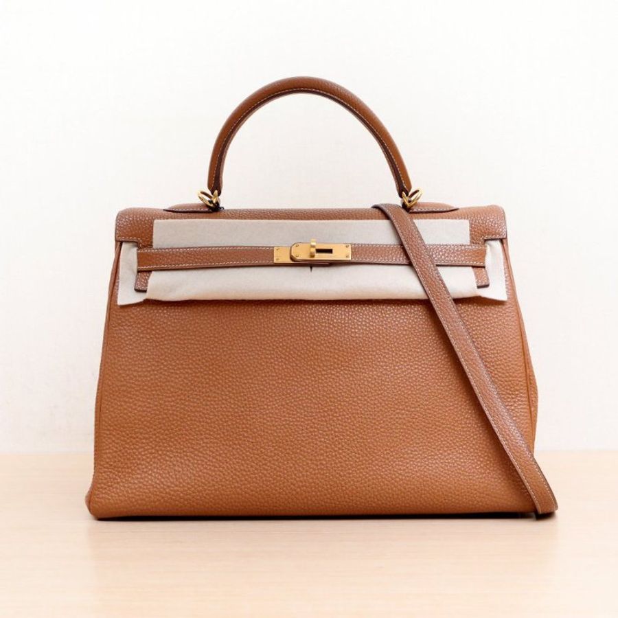 HERMES Kelly3537金棕色Togo皮框N金扣肩背包-1
