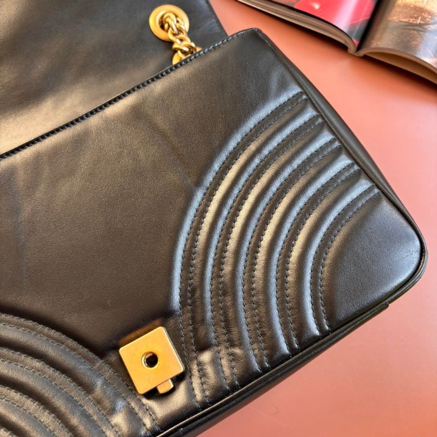::GUCCI:: 金屬GG Marmont 黑色皮革肩背包 斜背包 中號31公分-20