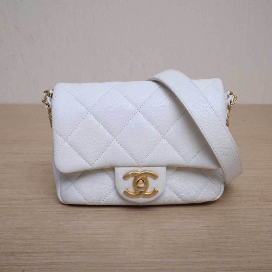 CHANEL CF口蓋包17白色荔枝牛皮晶片開金扣金幣雙皮穿鏈肩背包-1