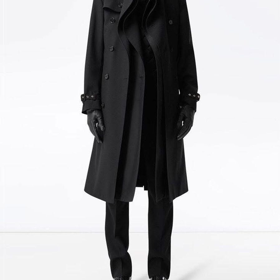 BURBERRY英國男款黑色羊毛斜紋翻折式大衣48-2
