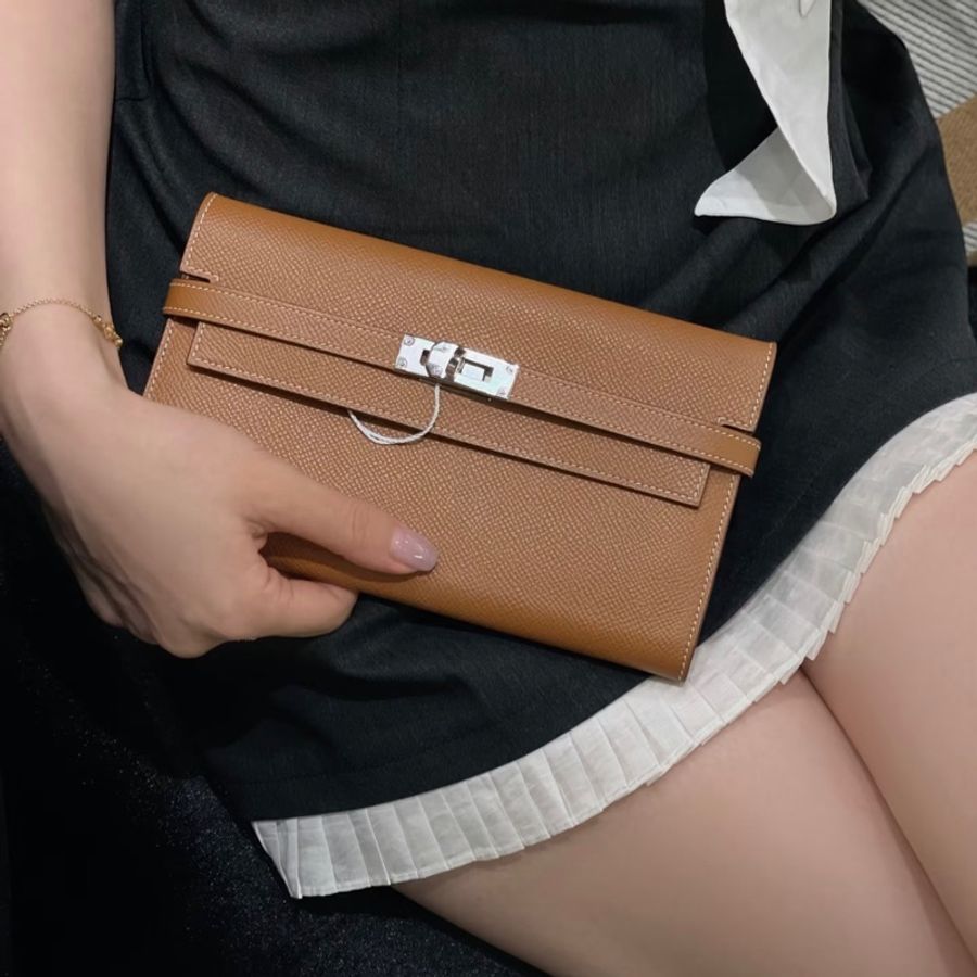 「JL精品代購」  愛馬仕金棕色銀扣kelly長錢包-3