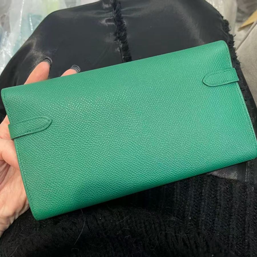 「JL精品代購」愛馬仕絲絨綠金扣kelly長錢包 E皮-1
