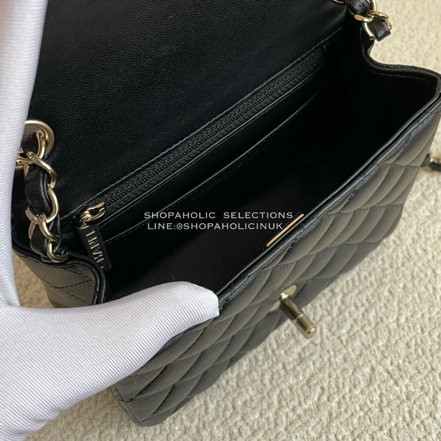 Chanel經典款方胖黑色羊皮淡金釦A35200-3