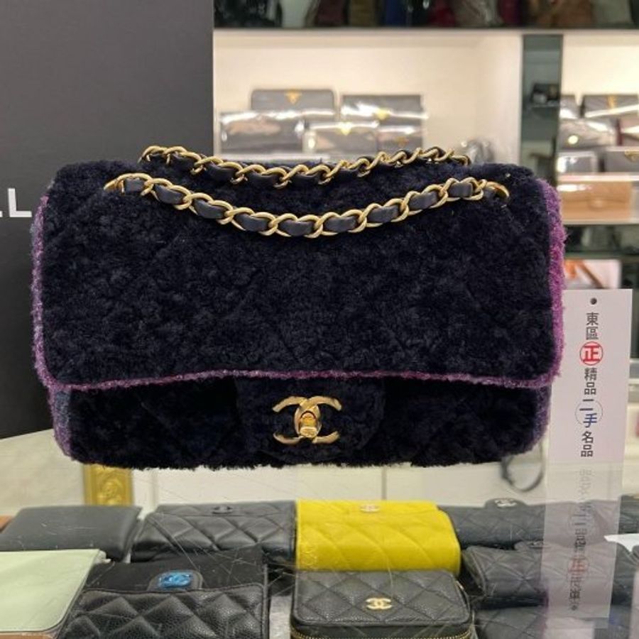 東區正精品㊣CHANEL COCO 25cm 近全新香奈兒黑色拼紫色毛呢金鍊金扣肩背包 RZ6094-0