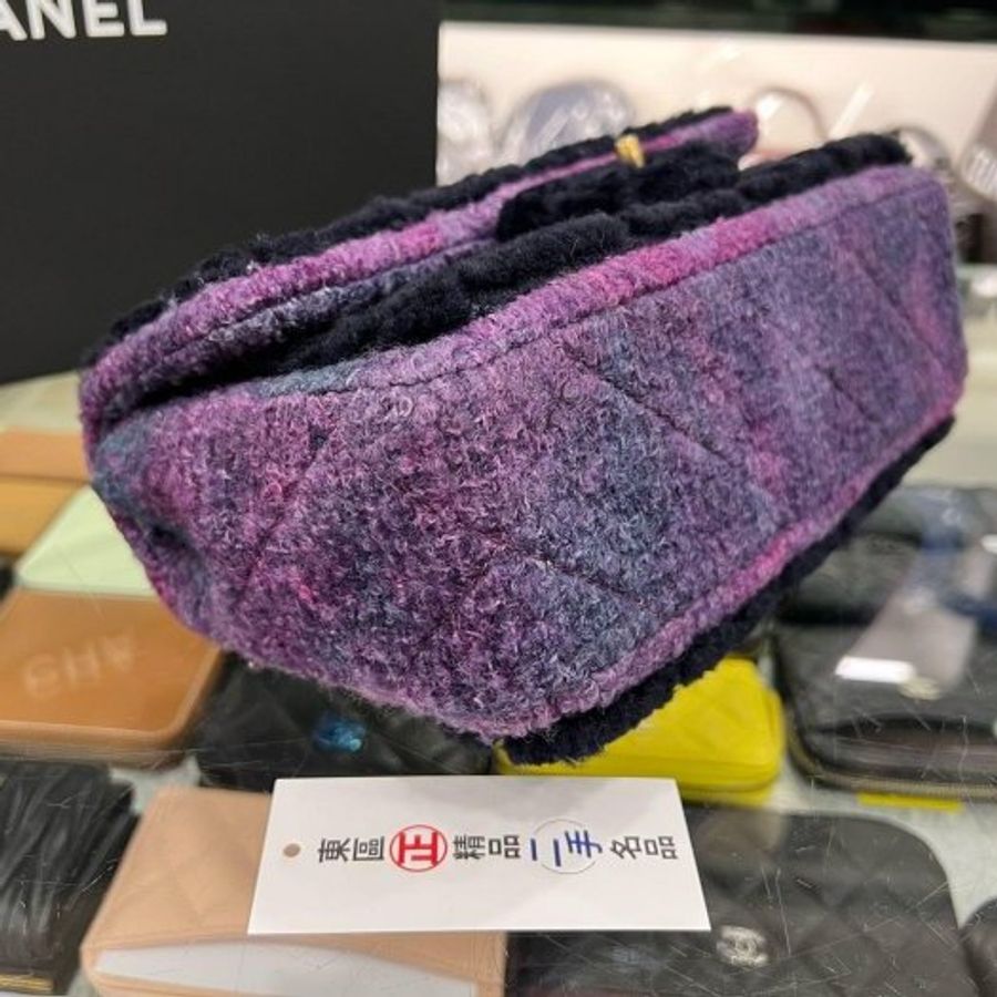 東區正精品㊣CHANEL COCO 25cm 近全新香奈兒黑色拼紫色毛呢金鍊金扣肩背包 RZ6094-6