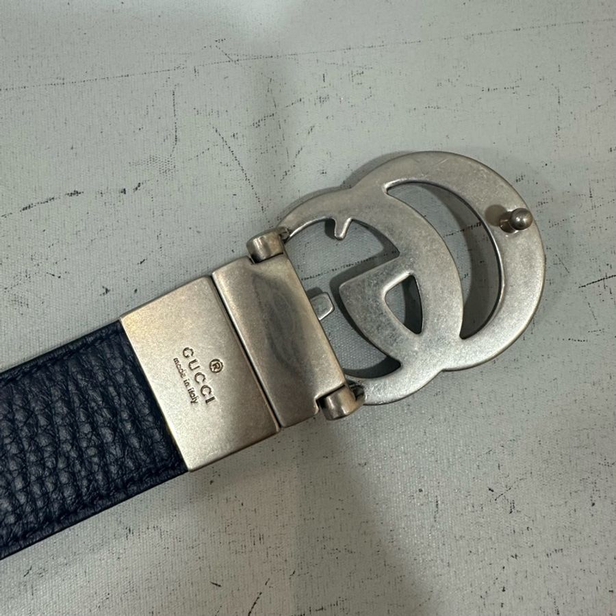 Gucci 643847 藍黑色雙面銀釦皮帶 90/36-13