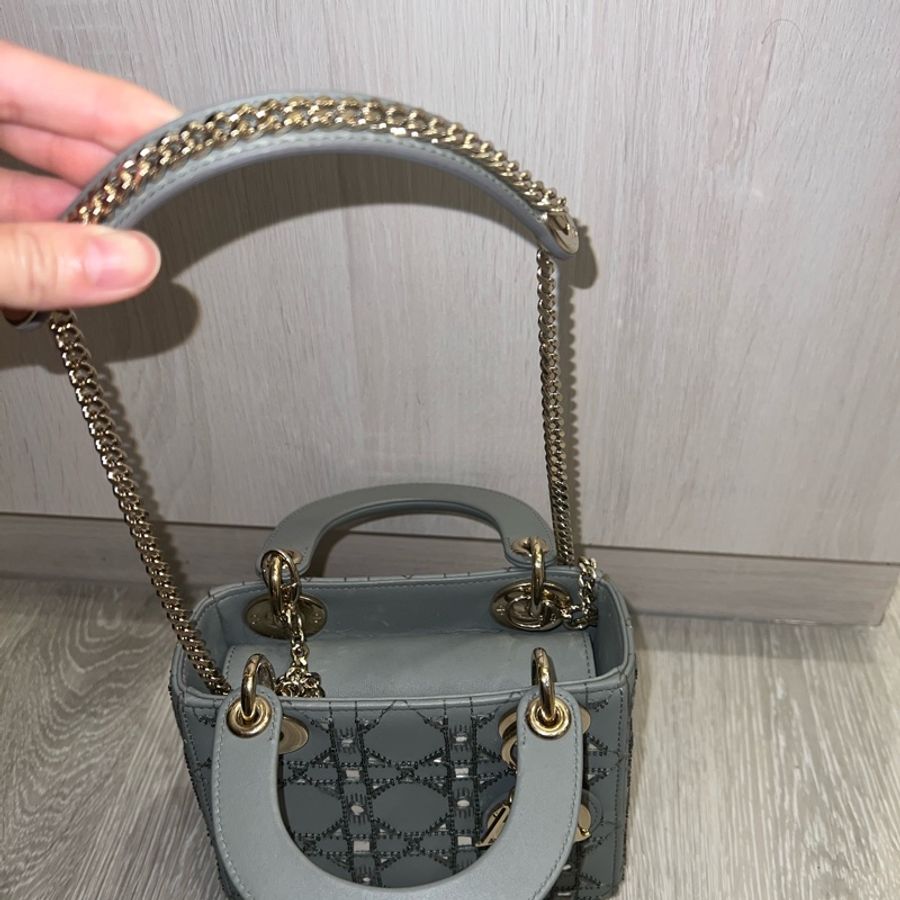 Dior 迪奧三格灰色釘珠金扣戴妃包 Lady Dior-3