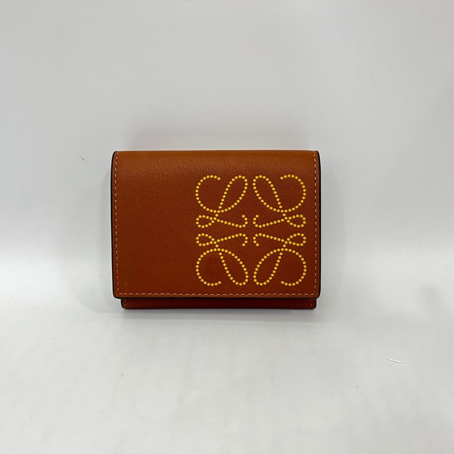 Loewe 焦糖牛皮黃點logo內芥末黃6卡3折短夾-0