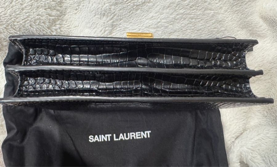甜甜價SAINT LAURENT 黑亮面 鱷魚壓紋 鍊條包 金色鏈條 肩背包 側背包 近全新未使用 精品-4