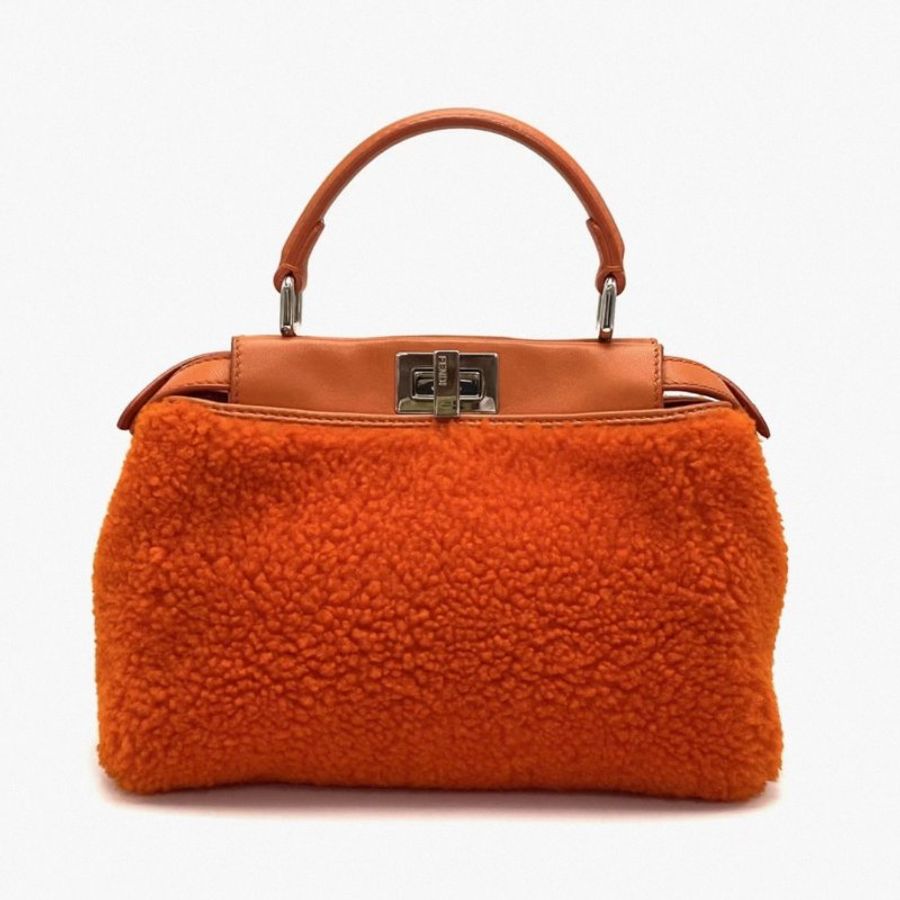 FENDI 橙色銀扣限量款羊羔毛小號peekaboo手提肩背斜背包 25*18*12 9新 配件塵袋-2