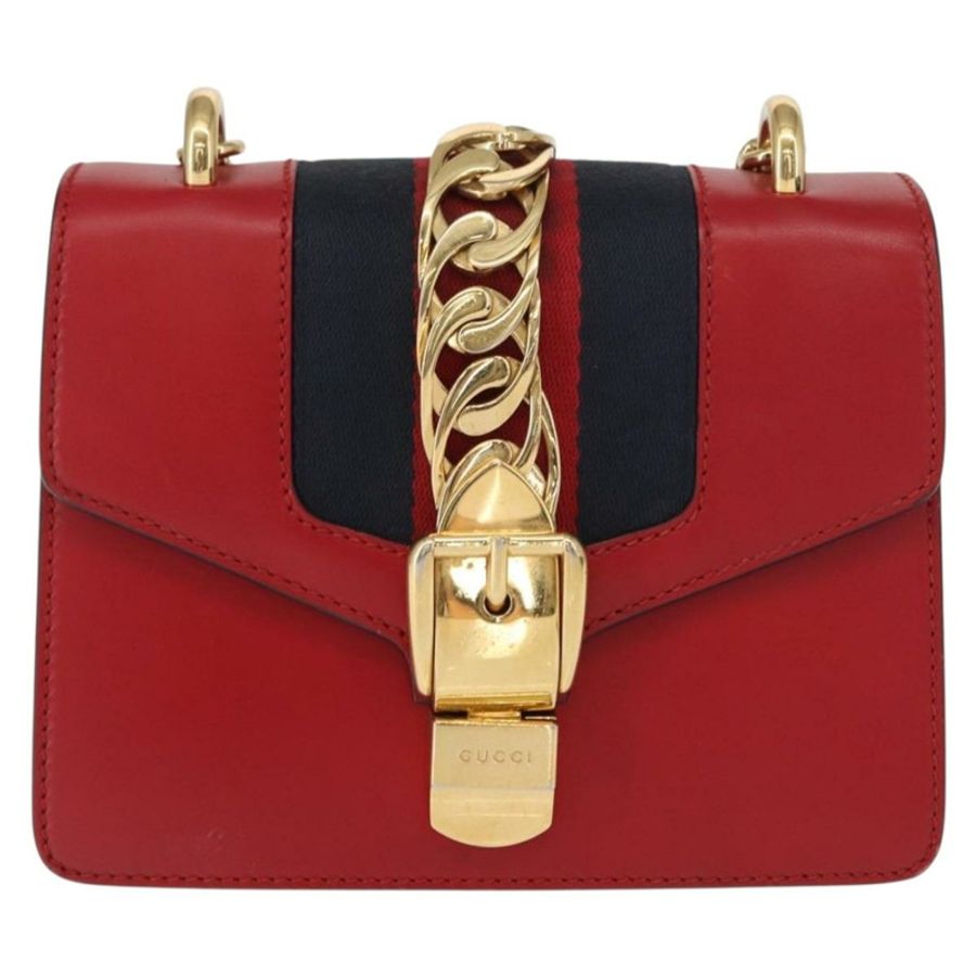 【日本直送】GUCCI Sylvie Sherry Line 鏈條單肩包 皮革 紅色 金色 431666 正品 ar13813-12