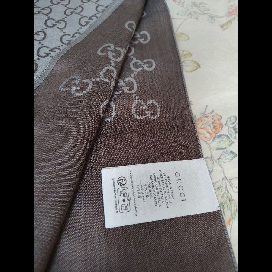 GUCCI 薄桑蠶絲雙面滿版圍巾(灰色)-3