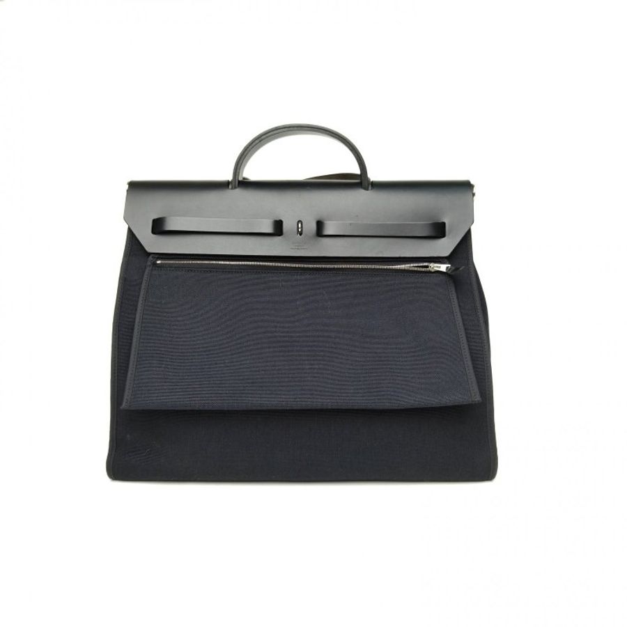 HERMES Herbag3989黑色帆布/Hunter牛皮A刻銀扣肩背包-2