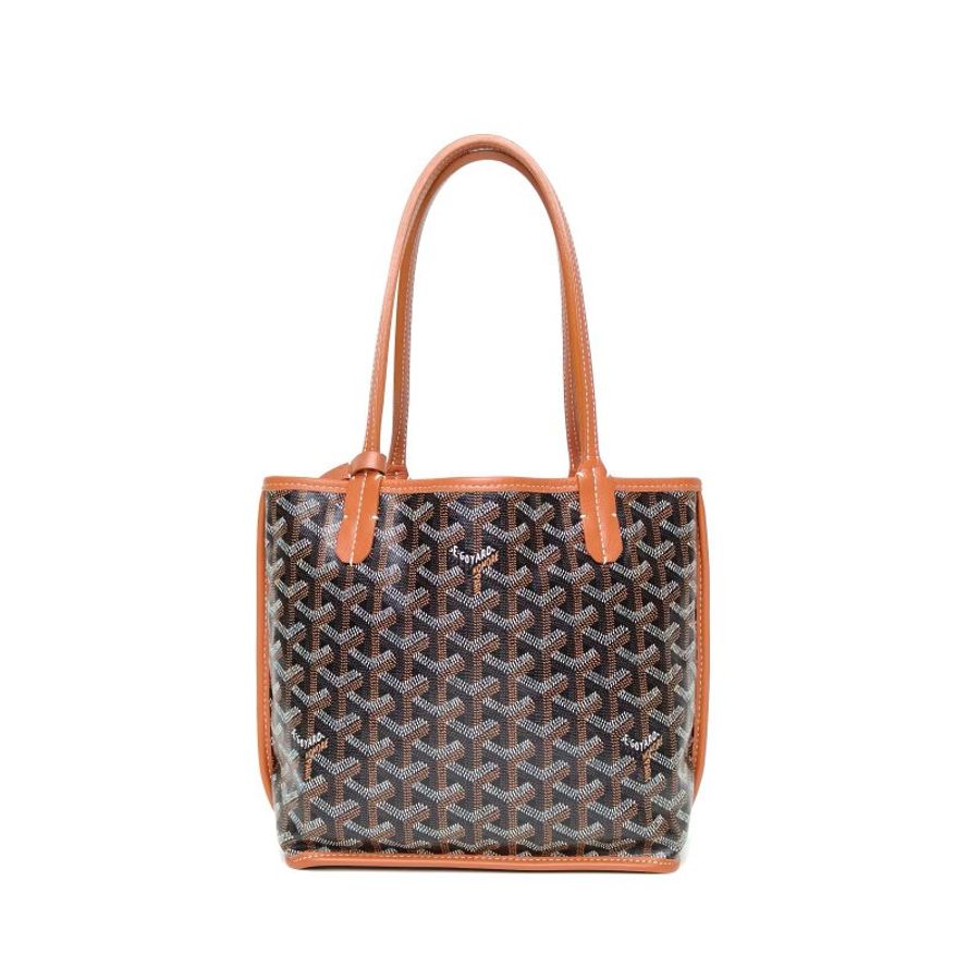 GOYARD Anjou雙面購物袋Mini20金棕色牛皮/帆布銀扣肩背包-0