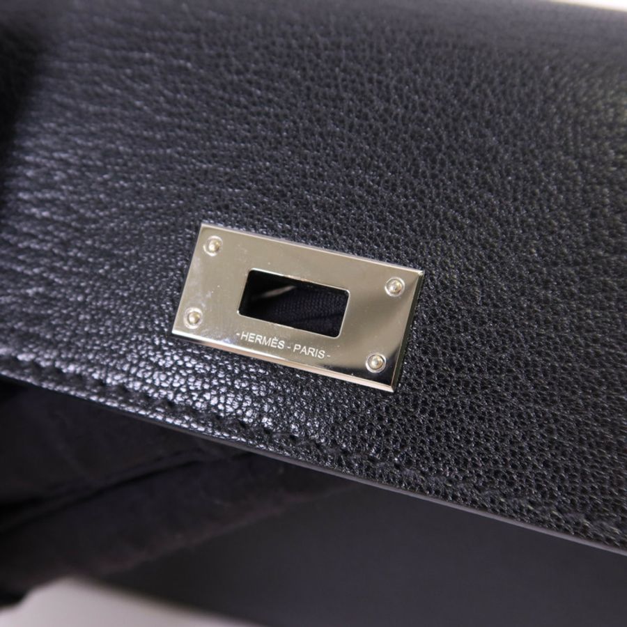 HERMES Chevre皮革Kelly Pocket Long Bifold Wallet銀扣長錢包Noir-10