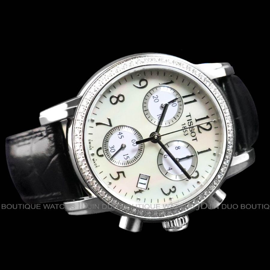 金鐸精品~W896 TISSOT 天梭 Dressport三眼計時珍珠母貝面盤35mm石英女用鑽錶-1