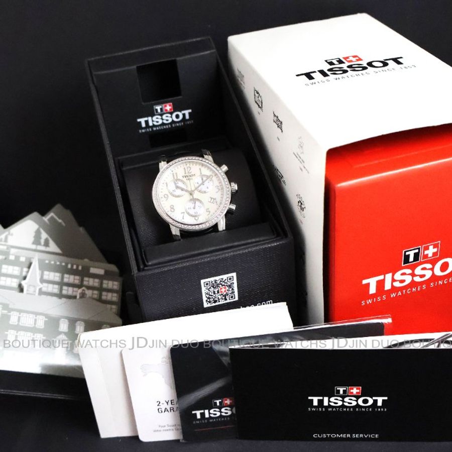 金鐸精品~W896 TISSOT 天梭 Dressport三眼計時珍珠母貝面盤35mm石英女用鑽錶-5