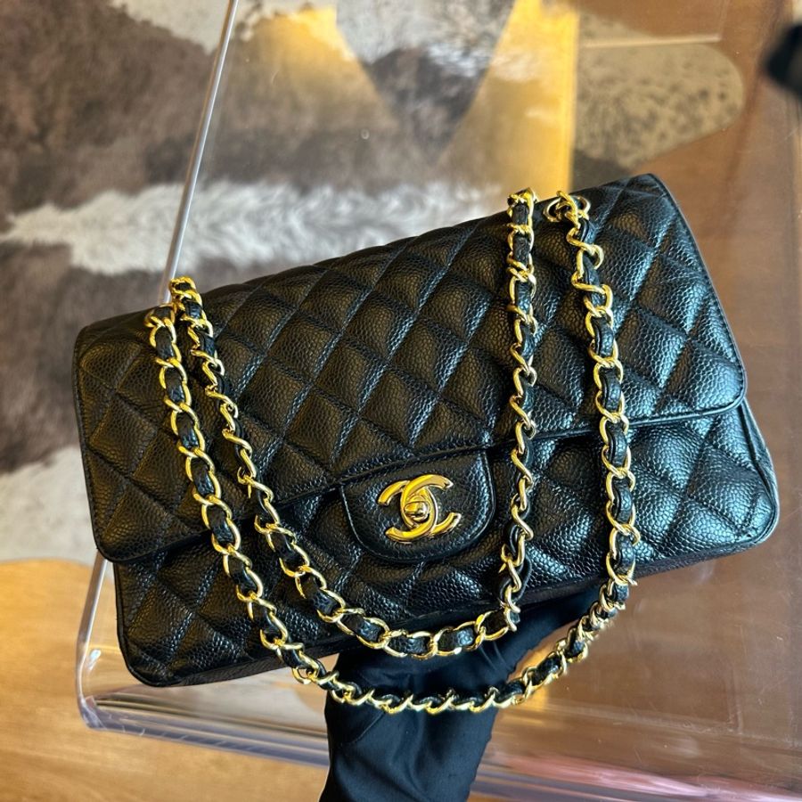 Chanel 香奈兒魚子醬黑金菱格紋雙蓋cf鏈條包-0