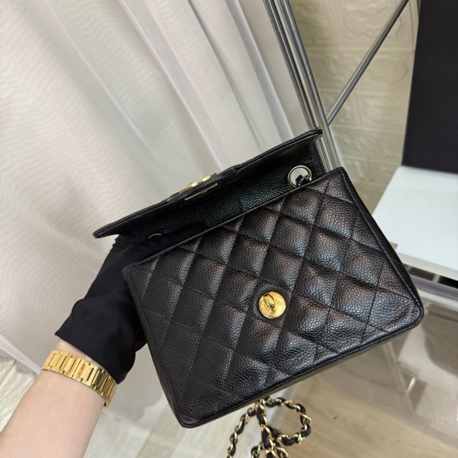 Chanel 香奈兒黑金魚子醬雙c菱格紋鏈條方胖子-8