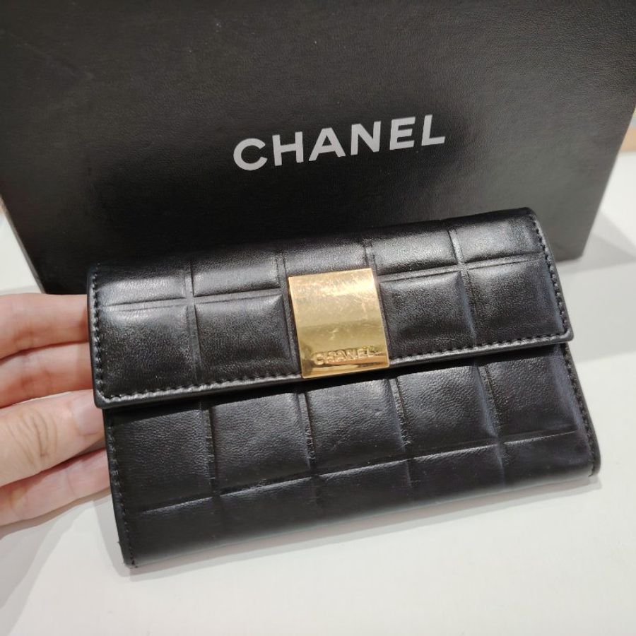 CHANEL中古黑金冰格兩摺錢包-0