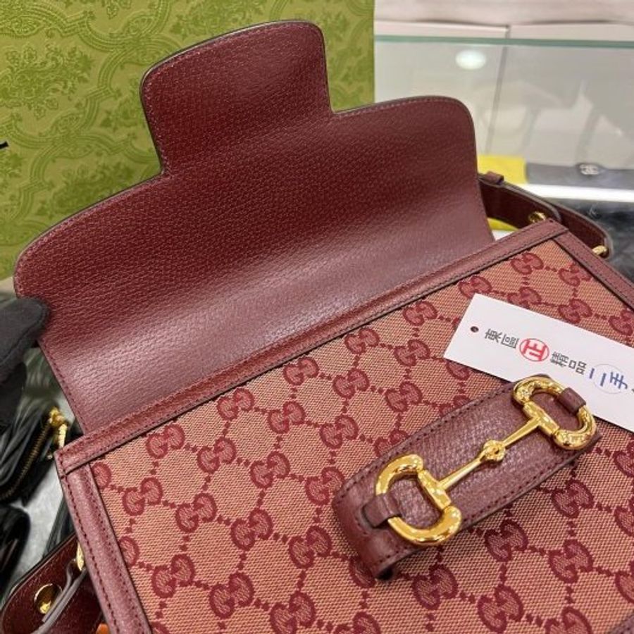 東區正精品㊣GUCCI 602204 1955 近全新暗紅色皮革緹花布金釦釦式翻蓋斜背包馬鞍包 RZ5561-1