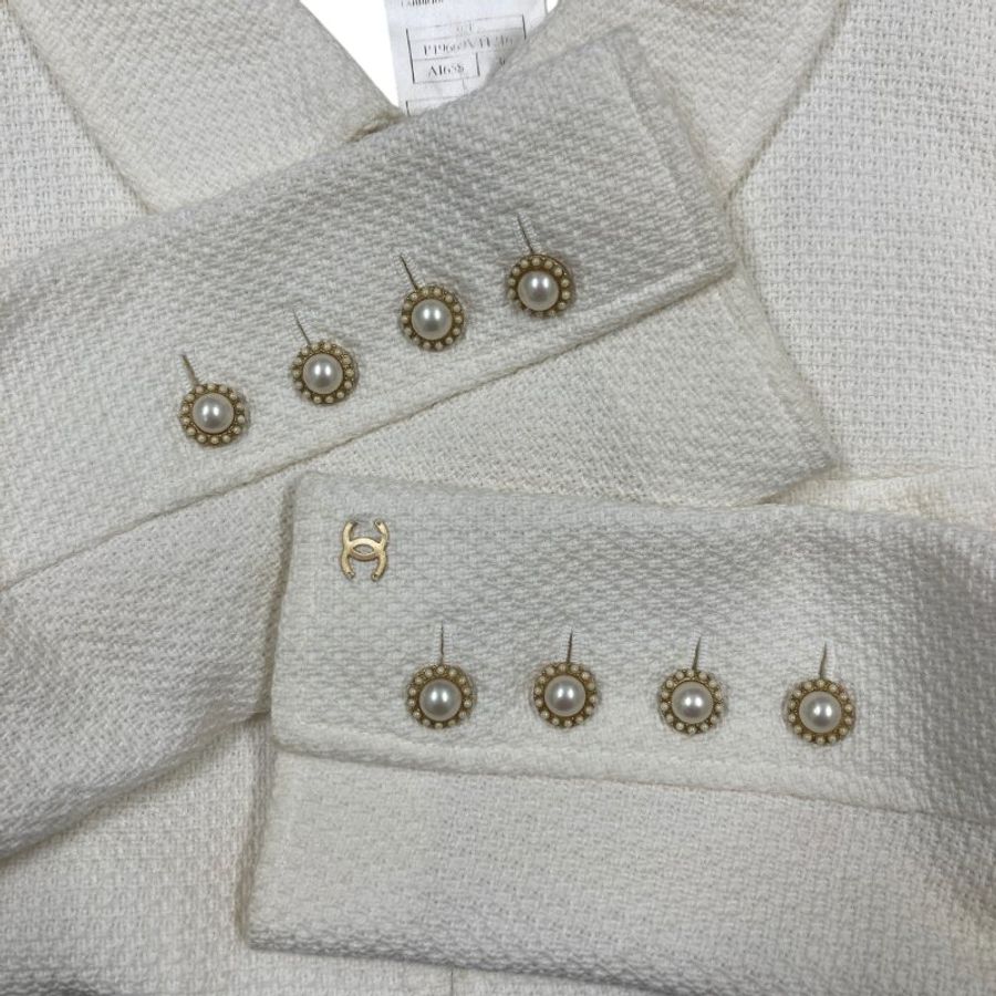 CHANEL 香奈兒 粗花毛呢外套 珍珠釦 米白色-4