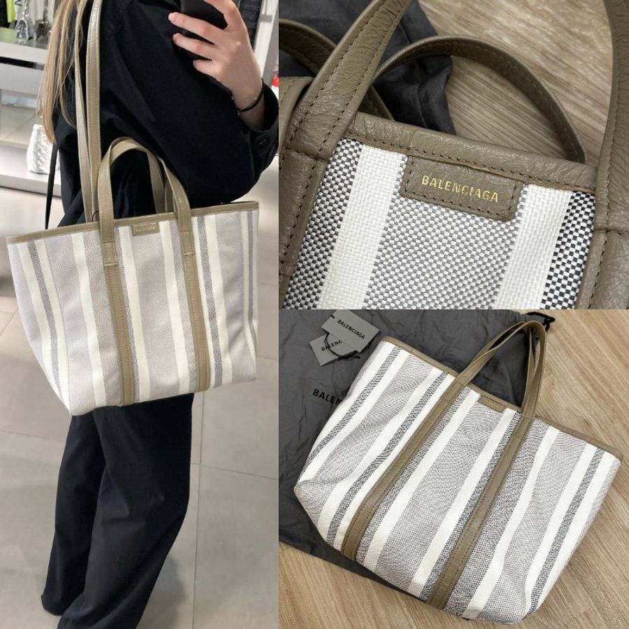 巴黎世家經典米白灰牛皮條紋托特包 兩用背袋 BALENCIAGA Barbes Medium East-West-0
