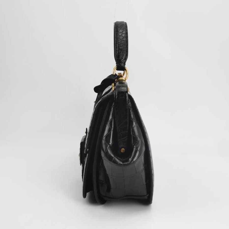 Gucci鱷魚皮純色壓紋字母ogo金屬扣手提包-2