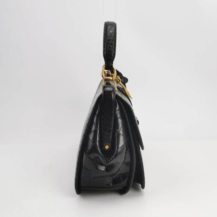 Gucci鱷魚皮純色壓紋字母ogo金屬扣手提包-3