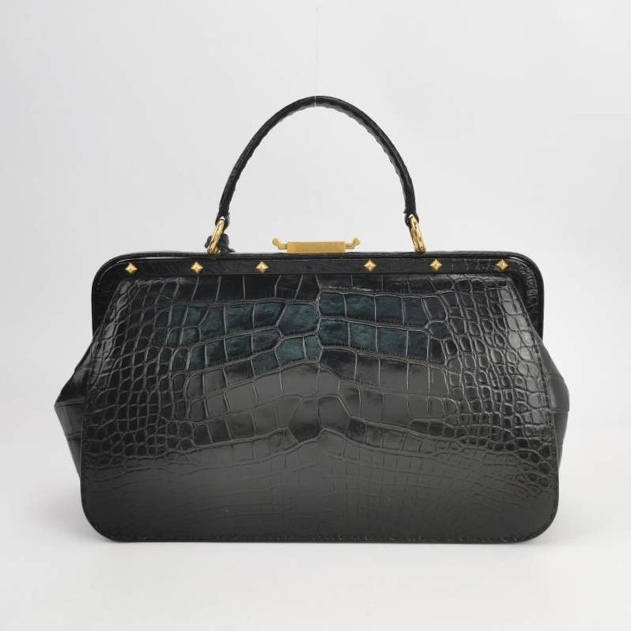 Gucci鱷魚皮純色壓紋字母ogo金屬扣手提包-4