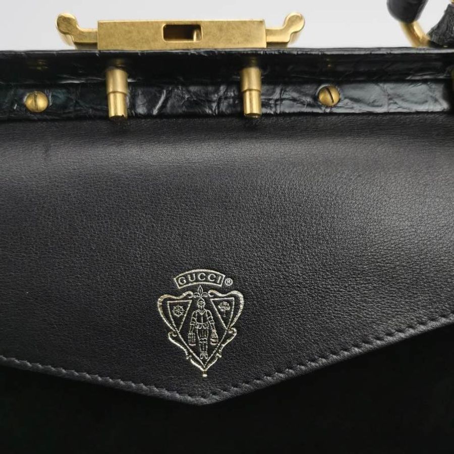 Gucci鱷魚皮純色壓紋字母ogo金屬扣手提包-7