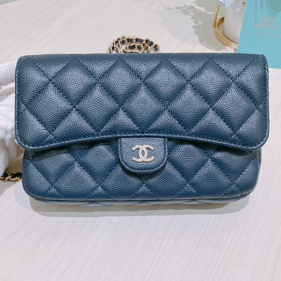TK1898 Chanel 香奈兒 翻蓋 手機包 鏈條錢包 魚子醬牛皮 荔枝紋 寶藍色 金扣 斜背 Flap Phone Holder Wallet On Chain Caviar Navy x GHW-9