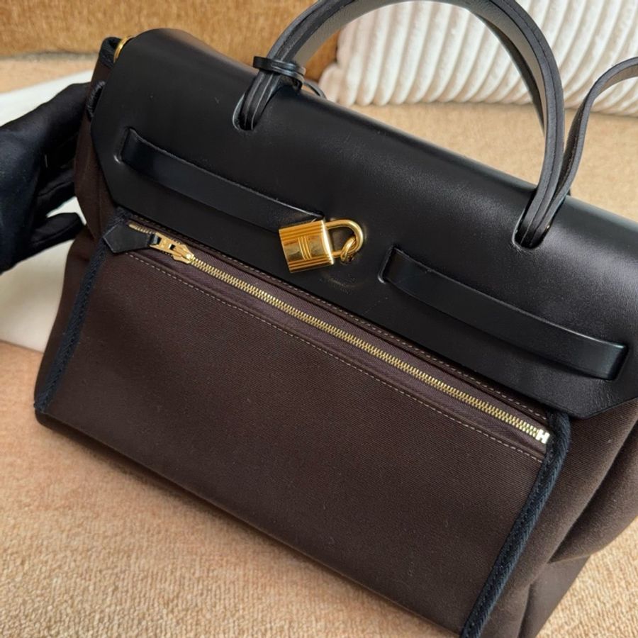 【近新閒置品】愛馬仕Hermes Herbag 31烏木色D刻拼黑蓋金扣單肩手提包斜挎包母子包-2
