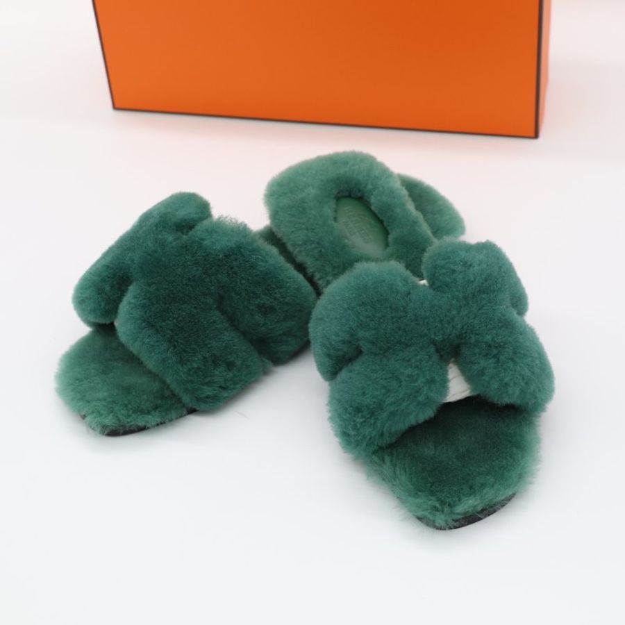 【未使用♥️閒置品】Hermès 愛馬仕 Oran 拖鞋 英國綠 羊羔毛 涼鞋 拖鞋 EU 37-10