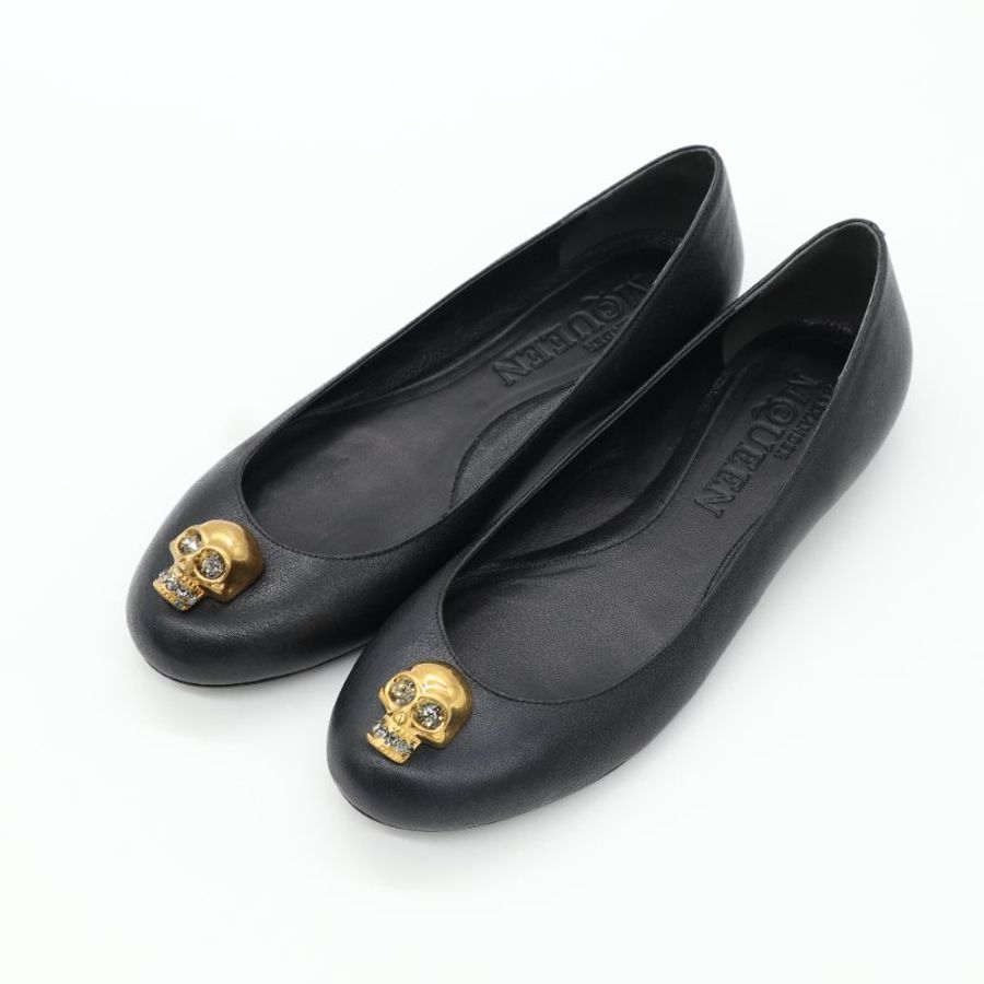 Alexander McQueen 麥昆 經典 黑色 皮革 金色水晶骷髏裝飾 平底鞋-1