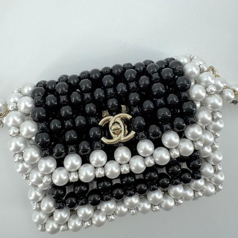 Chanel 22S Imitation Pearl Beaded Black & White Mini Rectangular Flap Bag-1