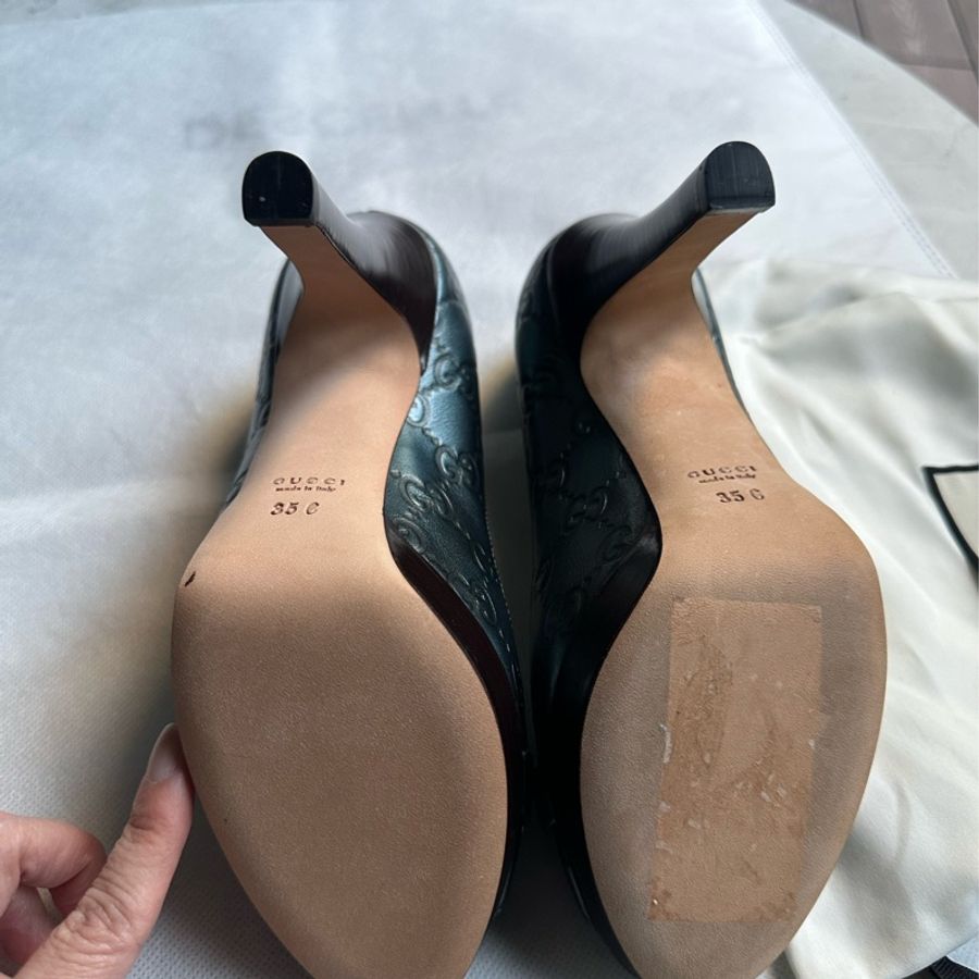 GUCCI 藍綠色皮革魚口高跟鞋-11