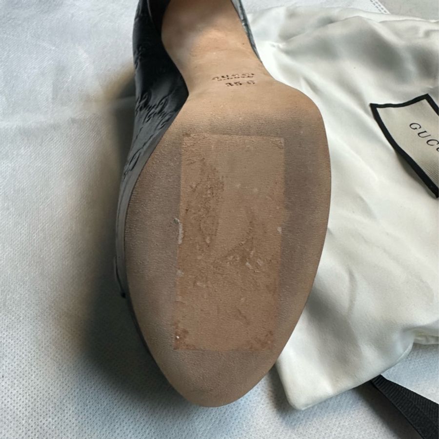 GUCCI 藍綠色皮革魚口高跟鞋-15