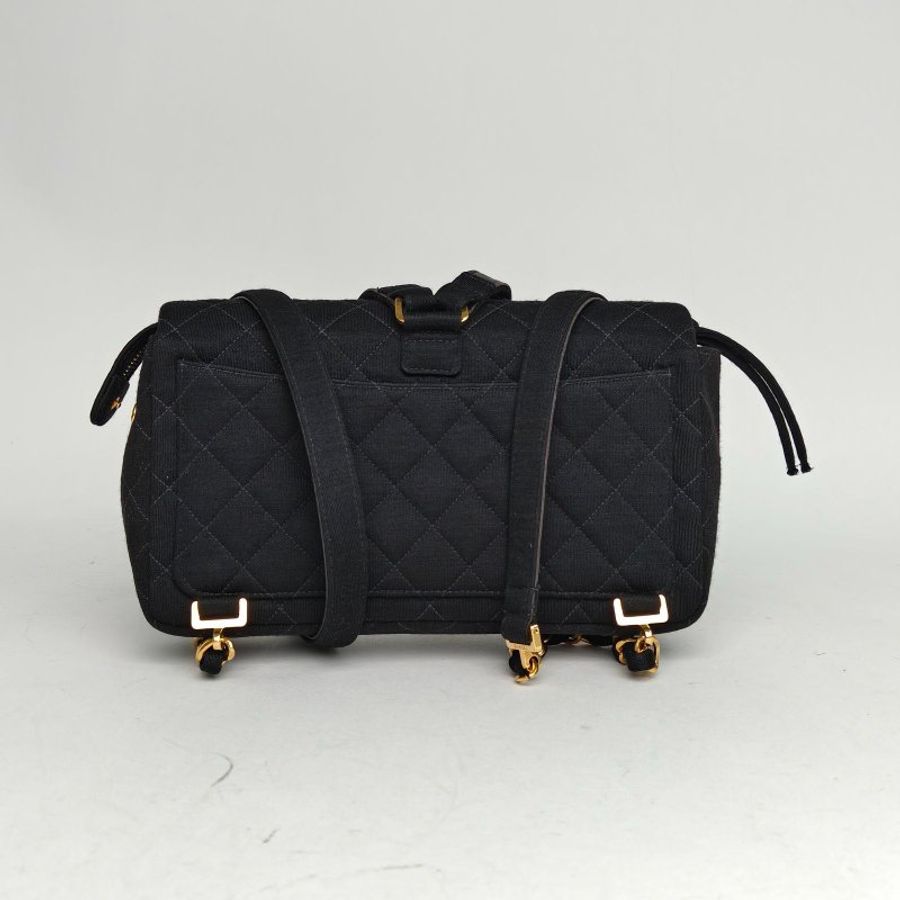 CHANEL 黑色帆布3開金扣中古CF雙肩包肩背包-2
