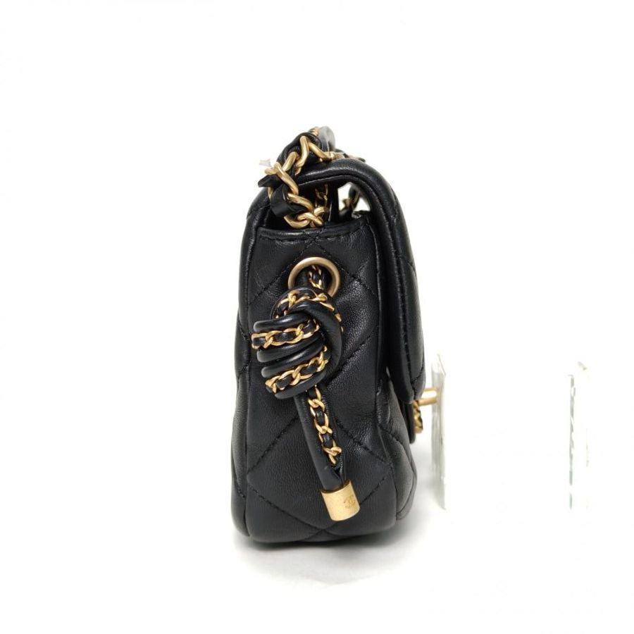 CHANEL 黑色羊皮晶片開金扣25C航海編織繩結口蓋包18肩背包-1