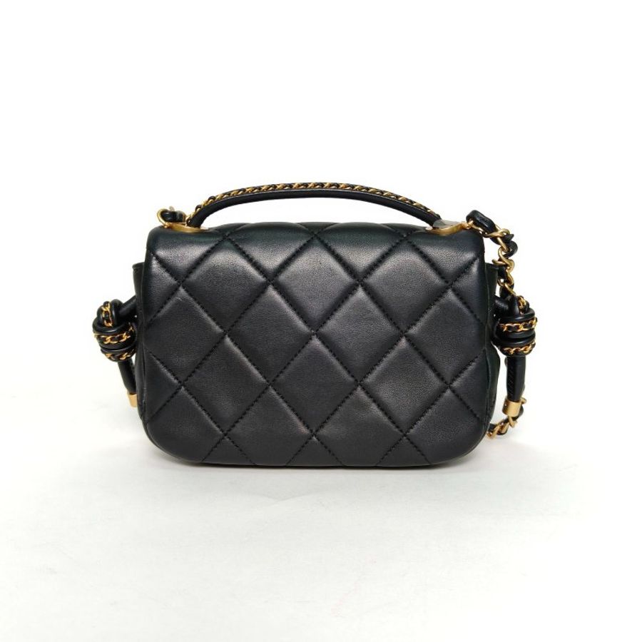 CHANEL 黑色羊皮晶片開金扣25C航海編織繩結口蓋包18肩背包-2
