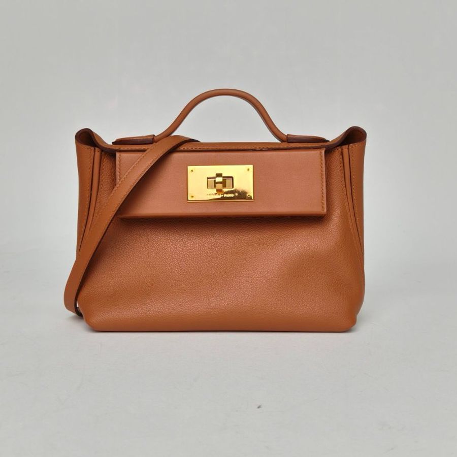HERMES 2424Mini21Z刻37金棕色EC皮金扣肩背包-0