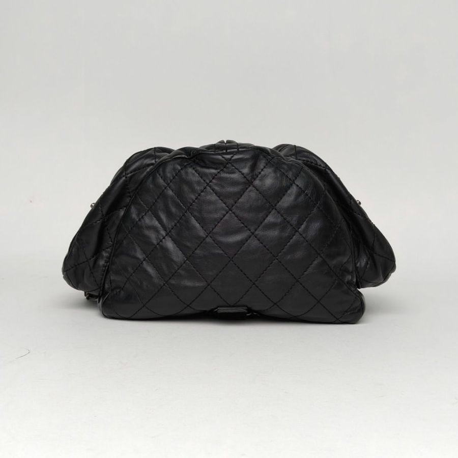 CHANEL 黑色牛皮17開銀扣中古Chanel青蛙雙肩包大號21*34肩背包-4