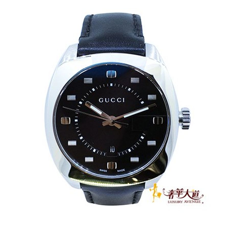 *奢華大道國際精品*【W0523】GUCCI黑面不銹鋼41MM皮帶石英腕錶 YA142307-0