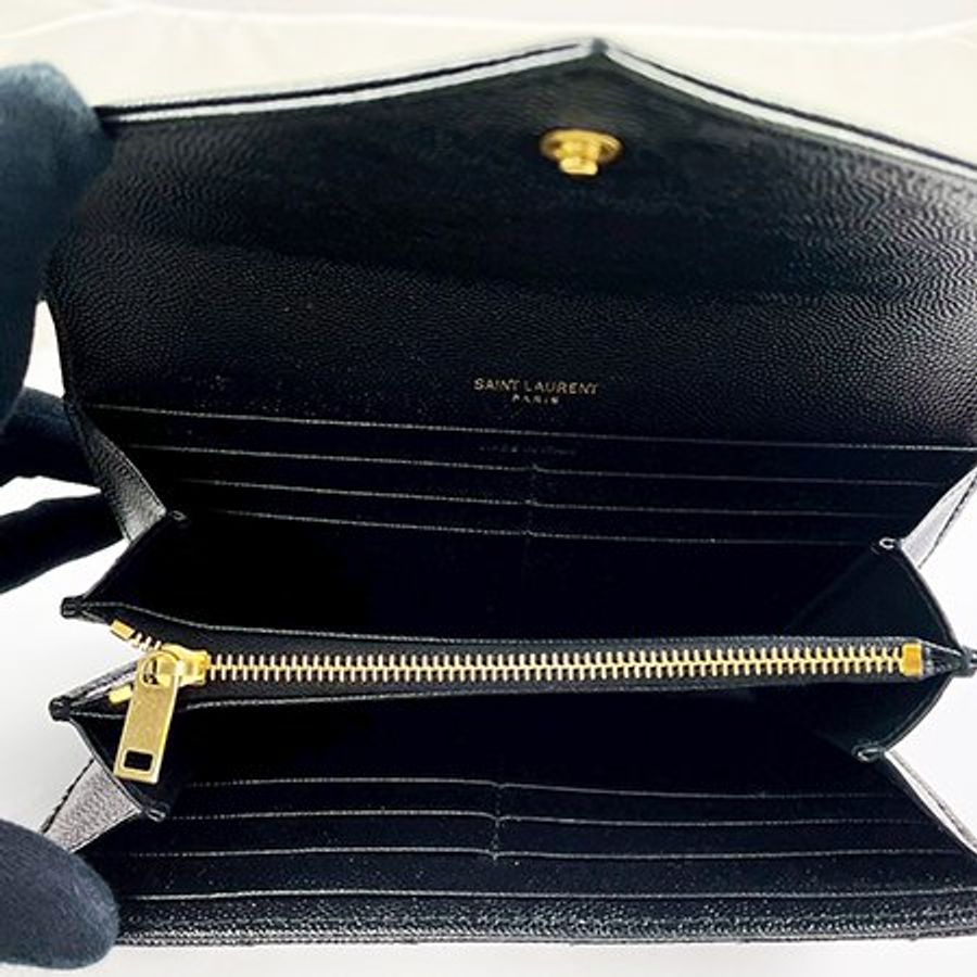 *奢華大道國際精品*【Y097】YSL黑色V字縫線魚子醬牛皮金色LOGO釦式長夾 372264-5